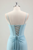 Blue Mermaid Spaghetti Straps Satin Long Corset Formal Dress with Beading