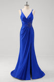 Sparkly Royal Blue Mermaid Spaghetti Straps Long Formal Dress With Slit