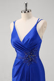 Sparkly Royal Blue Mermaid Spaghetti Straps Long Formal Dress With Slit