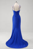 Sparkly Royal Blue Mermaid Spaghetti Straps Long Formal Dress With Slit