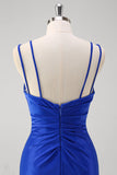 Sparkly Royal Blue Mermaid Spaghetti Straps Long Formal Dress With Slit