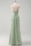 Dusty Sage Sheath Floral Corset Ruched Long Formal Dress with Slit