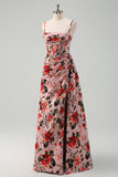 Pink Red Flower Sheath Spaghetti Straps Corset Ruched Long Formal Dress with Slit