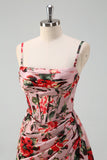 Pink Red Flower Sheath Spaghetti Straps Corset Ruched Long Formal Dress with Slit