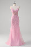 Pink Mermaid Spaghetti Straps Sequin Corset Long Formal Dress