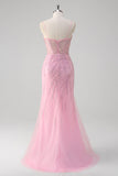 Pink Mermaid Spaghetti Straps Sequin Corset Long Formal Dress