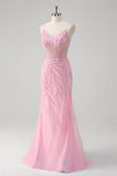 Pink Mermaid Spaghetti Straps Sequin Corset Long Formal Dress