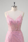 Pink Mermaid Spaghetti Straps Sequin Corset Long Formal Dress