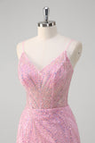 Pink Mermaid Spaghetti Straps Sequin Corset Long Formal Dress