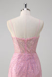 Pink Mermaid Spaghetti Straps Sequin Corset Long Formal Dress