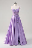 Purple A Line Spaghetti Straps Floral Long Formal Dress with Slit