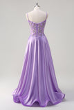 Purple A Line Spaghetti Straps Floral Long Formal Dress with Slit