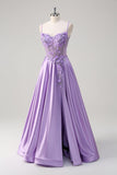 Purple A Line Spaghetti Straps Floral Long Formal Dress with Slit