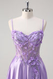 Purple A Line Spaghetti Straps Floral Long Formal Dress with Slit