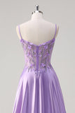 Purple A Line Spaghetti Straps Floral Long Formal Dress with Slit