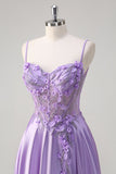 Purple A Line Spaghetti Straps Floral Long Formal Dress with Slit