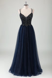 Sparkly Navy Spaghetti Straps A Line Long Formal Dress with Sequins