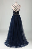 Sparkly Navy Spaghetti Straps A Line Long Formal Dress with Sequins