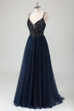 Sparkly Navy Spaghetti Straps A Line Long Formal Dress with Sequins