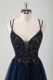 Sparkly Navy Spaghetti Straps A Line Long Formal Dress with Sequins