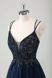 Sparkly Navy Spaghetti Straps A Line Long Formal Dress with Sequins