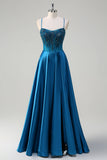 Glitter Blue Corset Spaghetti Straps Long Formal Dress With Sequins