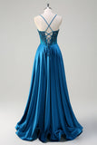 Glitter Blue Corset Spaghetti Straps Long Formal Dress With Sequins