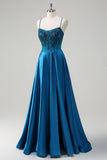 Glitter Blue Corset Spaghetti Straps Long Formal Dress With Sequins