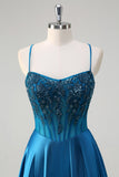 Glitter Blue Corset Spaghetti Straps Long Formal Dress With Sequins