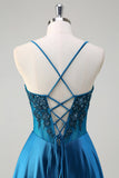 Glitter Blue Corset Spaghetti Straps Long Formal Dress With Sequins