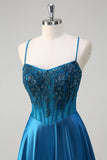 Glitter Blue Corset Spaghetti Straps Long Formal Dress With Sequins