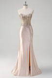 Champagne Mermaid Strapless Corset Long Formal Dress With Beading