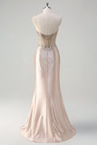 Champagne Mermaid Strapless Corset Long Formal Dress With Beading