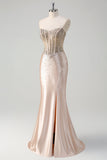 Champagne Mermaid Strapless Corset Long Formal Dress With Beading