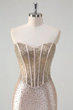 Champagne Mermaid Strapless Corset Long Formal Dress With Beading