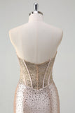 Champagne Mermaid Strapless Corset Long Formal Dress With Beading