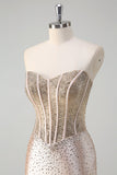 Champagne Mermaid Strapless Corset Long Formal Dress With Beading