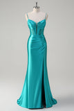 Peacock Mermaid Corset Spaghetti Straps Long Formal Dress with Slit