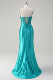 Peacock Mermaid Corset Spaghetti Straps Long Formal Dress with Slit