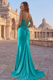 Peacock Mermaid Corset Spaghetti Straps Long Formal Dress with Slit