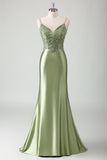 Sage Mermaid Spaghetti Straps Long Formal Dress With Sequins