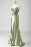 Sage Mermaid Spaghetti Straps Long Formal Dress With Sequins