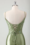 Sage Mermaid Spaghetti Straps Long Formal Dress With Sequins