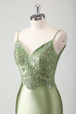 Sage Mermaid Spaghetti Straps Long Formal Dress With Sequins