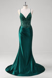 Dark Green Mermaid Pleated Sequin Corset Long Formal Dress With Lace Up Back