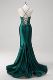 Dark Green Mermaid Pleated Sequin Corset Long Formal Dress With Lace Up Back