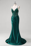 Dark Green Mermaid Pleated Sequin Corset Long Formal Dress With Lace Up Back