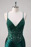 Dark Green Mermaid Pleated Sequin Corset Long Formal Dress With Lace Up Back