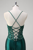 Dark Green Mermaid Pleated Sequin Corset Long Formal Dress With Lace Up Back