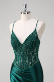 Dark Green Mermaid Pleated Sequin Corset Long Formal Dress With Lace Up Back